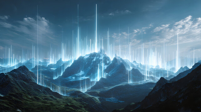 Futuristic mountain landscape with glowing data beams and digital light pillars creating ethereal forecasting scene of techno nature