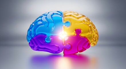 Human brain concept formed by four brightly colored puzzle pieces with artificial intelligence text glowing in the center, representing innovation and problem solving.