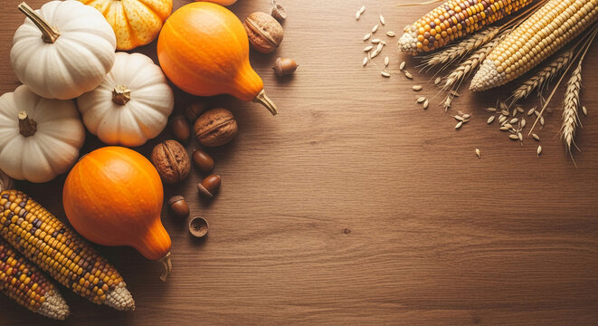 Overhead shot of autumn harvest: pumpkins, corn, walnuts, acorn on a wooden table, representing fall season, abundance, and Thanksgiving celebration