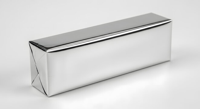 Sleek rectangular bar wrapped in shiny reflective silver foil with neatly folded ends.