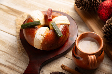 Three Kings Bread also called Rosca de Reyes, Roscon, Epiphany Cake, traditionally served with hot chocolate. Mexican tradition on January 5th.
