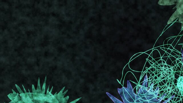 Dark textured background with subtle teal and purple abstract floral elements on the right side