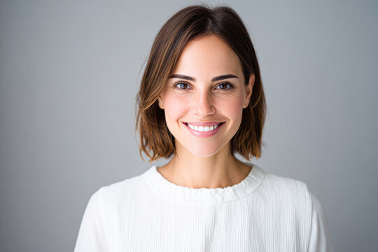 A smiling woman with shoulder-length hair, wearing a white top, poses in front of a neutral background, exuding warmth and confidence.