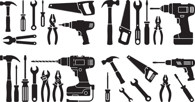 Hand and Power Tools Glyph Icons Set: Hammer, Drill, Saw, Wrench, Screwdriver, and Pliers Silhouettes