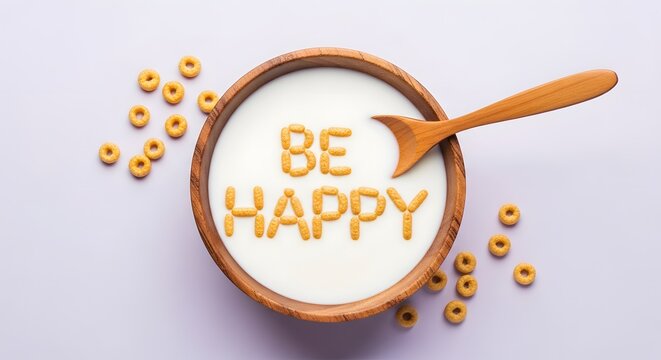 Be happy breakfast cereal bowl with milk and spoon