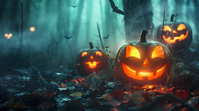 Glowing Jack-o'-lanterns in Misty Teal Forest with Flying Bats and Autumn Leaves - Powered by Adobe