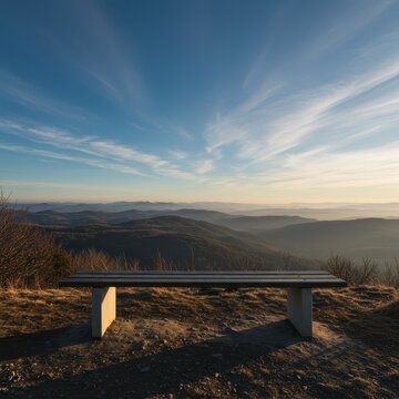 A modern architectural bench positioned high above a vast landscape, offering an expansive, breathtaking panoramic view for serene contemplation and repose, outdoor, furniture, metal