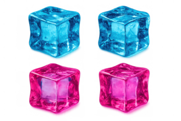 Colorful ice cubes set in blue and pink shades providing a cooling and refreshing effect on a transparent background
