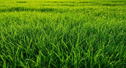 Obraz premium A vibrant, densely packed expanse of lush green grass seen from a low angle, emphasizing texture and new growth under bright sunlight, smooth, garden, surface