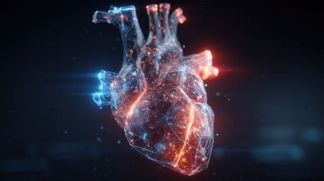 3D illustration of a futuristic human heart, composed of glowing geometric shapes and vibrant colors, symbolizing advanced technology and medical innovation in healthcare