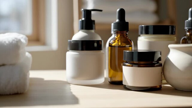Array of skincare products displayed from left to right in a beauty product video
