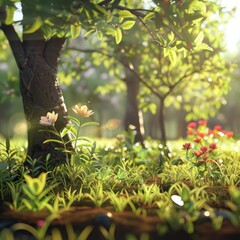 realistic landscape showing the creation of plants and trees