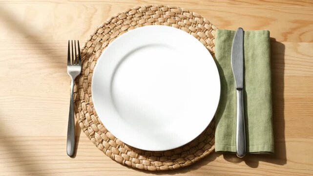 Place setting overhead, white plate on woven mat, neutral light