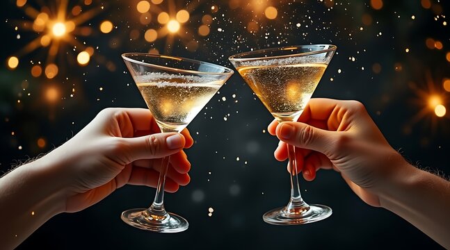 Cheers with sparkling cocktails in elegant glasses against bokeh lights   - Powered by Adobe