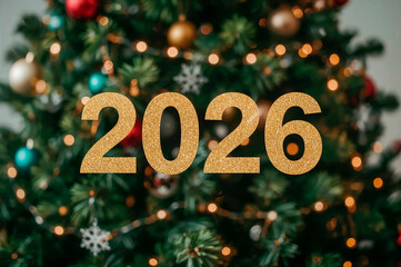 New year celebration with 2026 on a decorated Christmas tree