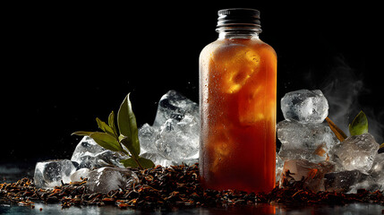 Cold brew tea bottle on ice with tea leaf and condensation, refreshing chilled beverage with dramatic lighting and textured composition