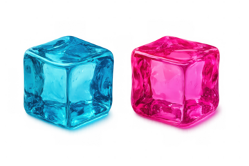 Pink and blue ice cubes contrasting on a transparent background, depicting a cool, colorful, and refreshing concept