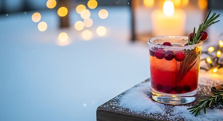 Festive cocktail with cranberries and rosemary on snowy table 