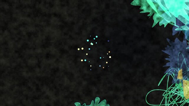 Abstract colorful glowing particles scattered in dark space with a hint of a celestial object on the right