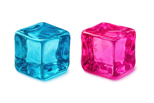 Pink and blue ice cubes contrasting on a transparent background, depicting a cool, colorful, and refreshing concept