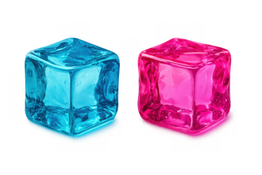 Pink and blue ice cubes contrasting on a transparent background, depicting a cool, colorful, and refreshing concept