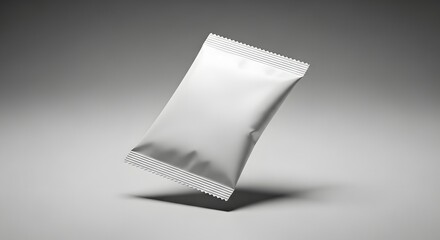 Blank white single serve packet mockup floating against a neutral background