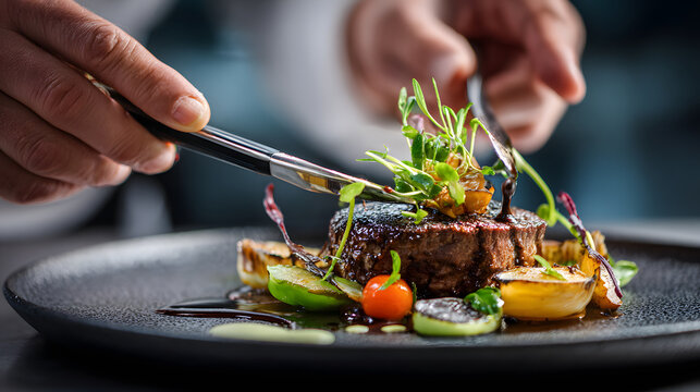 Grilled steak plated with microgreens, roasted vegetables and balsamic glaze on black plate, elegant fine dining presentation and rich savory aroma