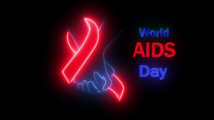 World AIDS Day neon glowing text animation on black background, health awareness campaign, HIV prevention, medical and wellness concept.