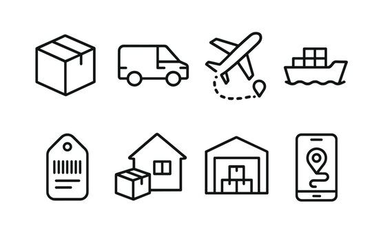 Shipping Icons Collection. Shipping Options linear icon set: package icon, courier van, airplane route, sea freight, shipping label, home delivery, logistics center, tracking app.