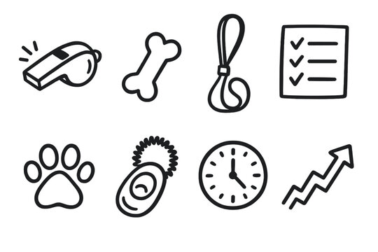 Training Tools Icons. Training Routine outline icons: whistle, reward treat, leash, checklist, paw print, clicker, clock, progress arrow.