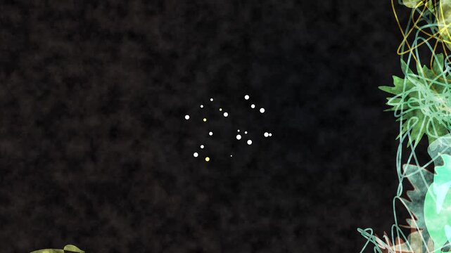 A cluster of glowing white and yellow lights scattered against a dark, textured background, with a hint of a tealcolored object on the right