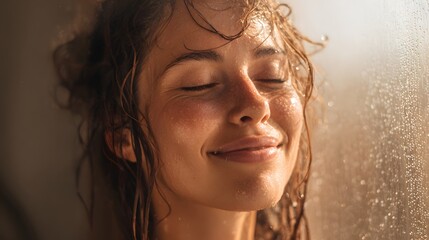 Serene young woman enjoys a warm morning shower, smiling as soft natural light filters in, creating a tranquil atmosphere.