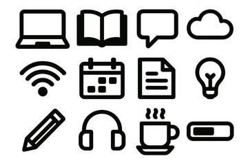 Brutalist Study Icons. Digital Self-Study silhouette icon set: laptop, open book, chat bubble, cloud, wifi symbol, calendar, document page, light bulb, pencil, headphones, coffee