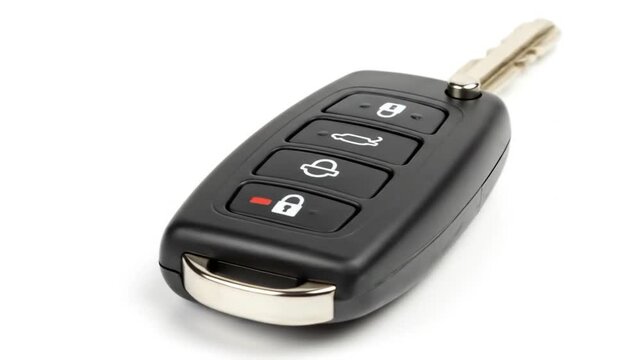 Car remote key with four buttons, unlock, trunk, lock, and panic symbols on white