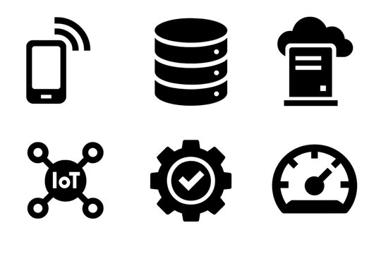 Bold Edge Computing Icons. Edge Computing silhouette icon set: edge device, data node, micro server, IoT hub, real-time processing icon, latency gauge.