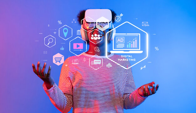 An individual embraces virtual reality technology while surrounded by engaging graphics and icons of digital marketing, exploring themes of ads, content, and customer interaction. XDMCP