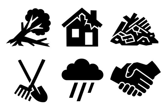 Tornado Aftermath Icons. Tornado Aftermath silhouette icon set: fallen trees, damaged house, debris pile, cleanup tools, cloudy sky, helping hands.