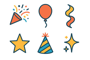 Celebration Icons Collection. Cheer Celebration flat icons: Confetti, Balloon, Ribbon, Star, Party Hat, Sparkle.