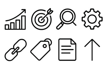 SEO Icon Set. Search Ranking Set linear icon set: bar graph, target, magnifier, gear, link, tag, document, arrow.