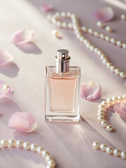 Luxury Perfume Bottle Surrounded By Pearl Necklaces And Rose Petals