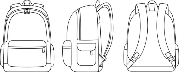 Detailed line drawing of modern travel backpack showing front, side, and back views, vector illustration for design, school, and fashion use