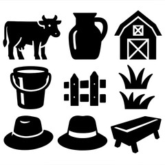 Brutalist Dairy Icons. Dairy Farming silhouette icon set: cow, milk jug, barn, grass, bucket, fence, farmer hat, trough.