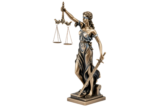 Elegant Lady Justice statue holding scales and sword symbolizing legal balance and fairness for law firms and justice system branding and marketing
