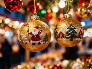 Close-up of handcrafted Christmas ornaments on a market stall, colorful decorations, blurred festive lights in background, realistic holiday atmosphere,