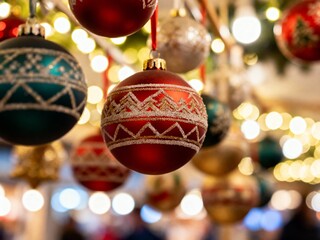 Close-up of handcrafted Christmas ornaments on a market stall, colorful decorations, blurred festive lights in background, realistic holiday atmosphere,