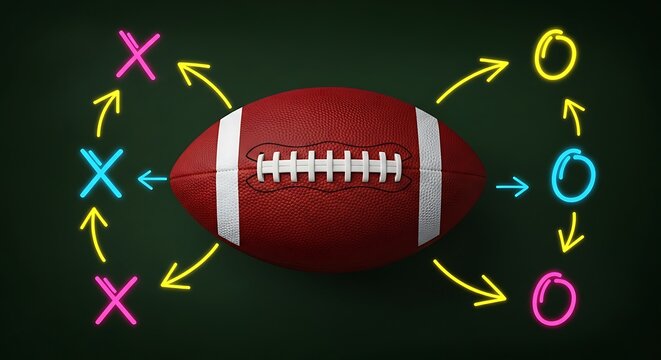 American football with neon strategy symbols and arrows on dark green background sport game