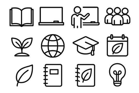 Educational Sustainability Icons. Educational Sustainability linear icon set: open book, chalkboard, teacher icon, classroom, student group, plant, globe, graduation cap, calendar, - Powered by Adobe