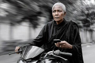 Woman riding motorcycle using smartphone in motion