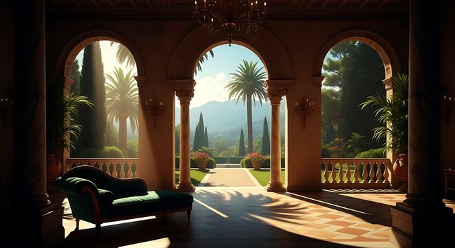 Elegant green chaise lounge in sunlit arched loggia overlooking manicured garden furniture interior