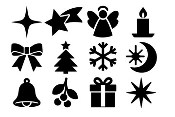 Brutalist Holiday Icons. Magical Holiday Spirit silhouette icon set: sparkle, shooting star, angel, candle, ribbon, glowing tree, snowflake, moon, bell, mistletoe, gift, starburst.